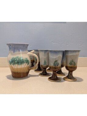 Handmade Studio Pottery Pitcher 8 Goblets Forest Landscape Earthy Rustic Glaze